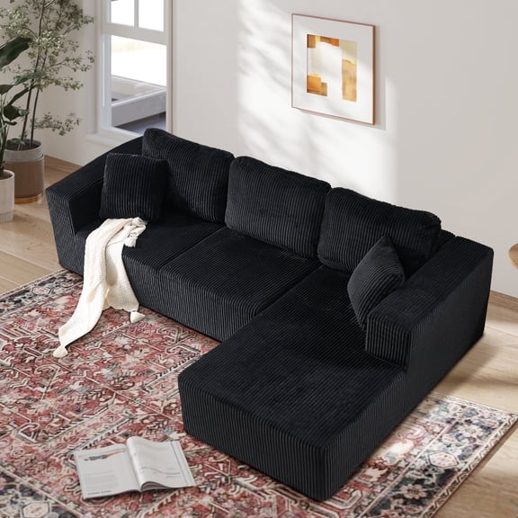 Bonzy Home Sectional Sofa with L-Shape Chaise,Modern Modular Sofa Upholstered Couch Corduroy Fabric for Living Room Bedroom Black