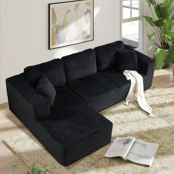 Bonzy Home Sectional Sofa with L-Shape Chaise,Modern Modular Sofa Upholstered Couch Corduroy Fabric for Living Room Bedroom Black