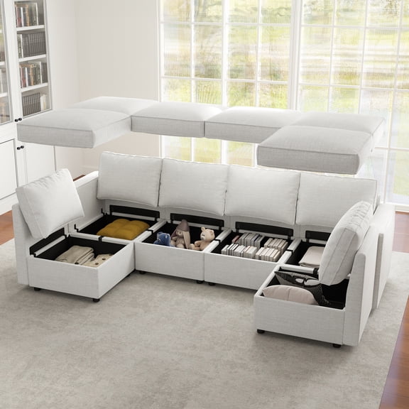 Bonzy Home Sectional Sofa with Storage and Reversible Chaises Sofa Bed for Bedroom Living Room Beige