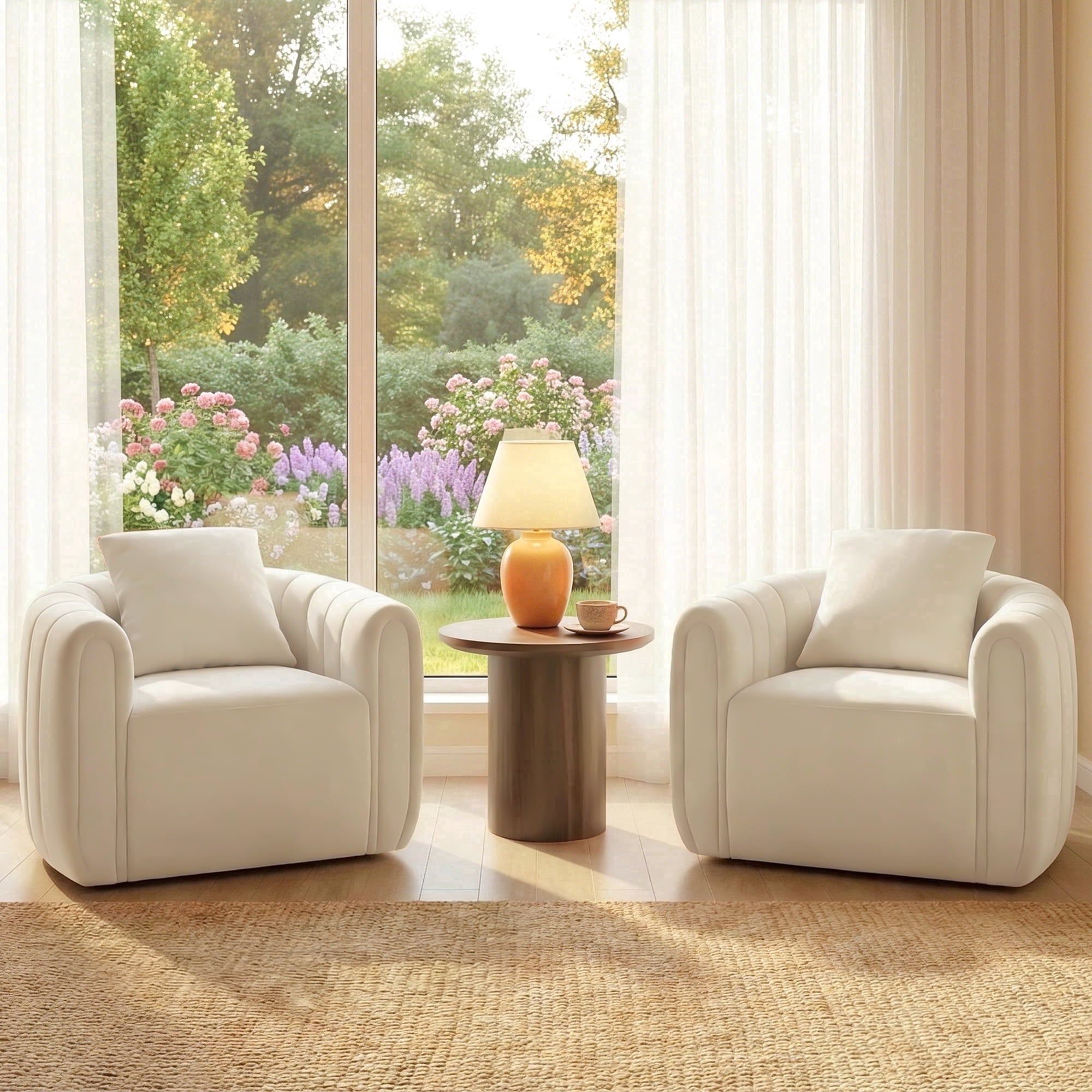 Ebello Swivel Accent Chair, Modern Velvet Living Room Chair with Pillow, Barrel Chair for Bedroom & Reading Corner (Beige,2 Pack，Fully Assembled )