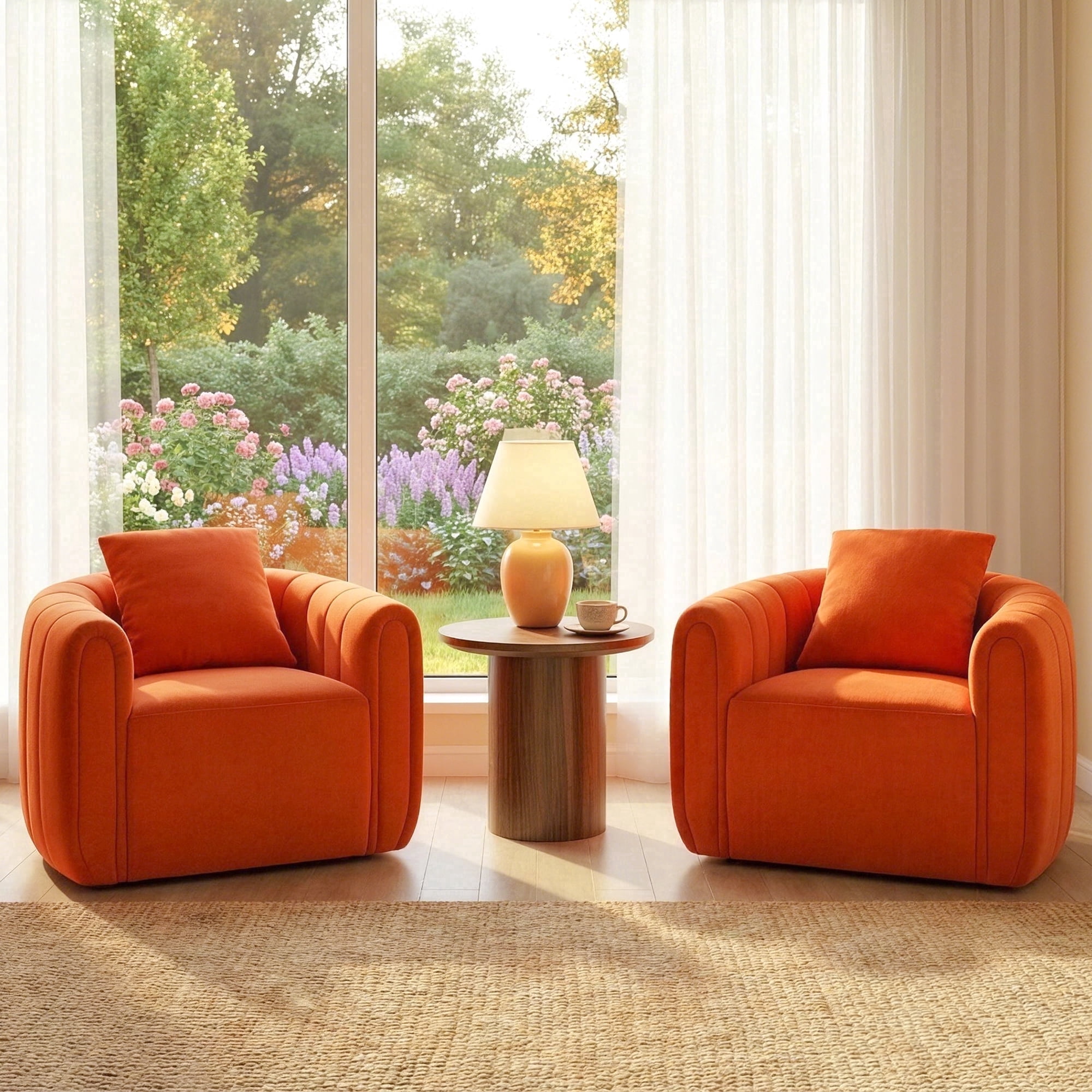 Ebello Swivel Accent Chair, Modern Velvet Living Room Chair with Pillow, Barrel Chair for Bedroom & Reading Corner (Orange,2 Pack，Fully Assembled )