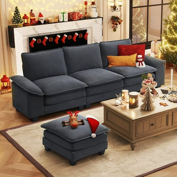 Bonzy Home Sofa Set L-Shaped Sofa with Recliner, Living Room Sleeper Set, 3 Seats, Chenille Double Cushions 108” Wide, Gray
