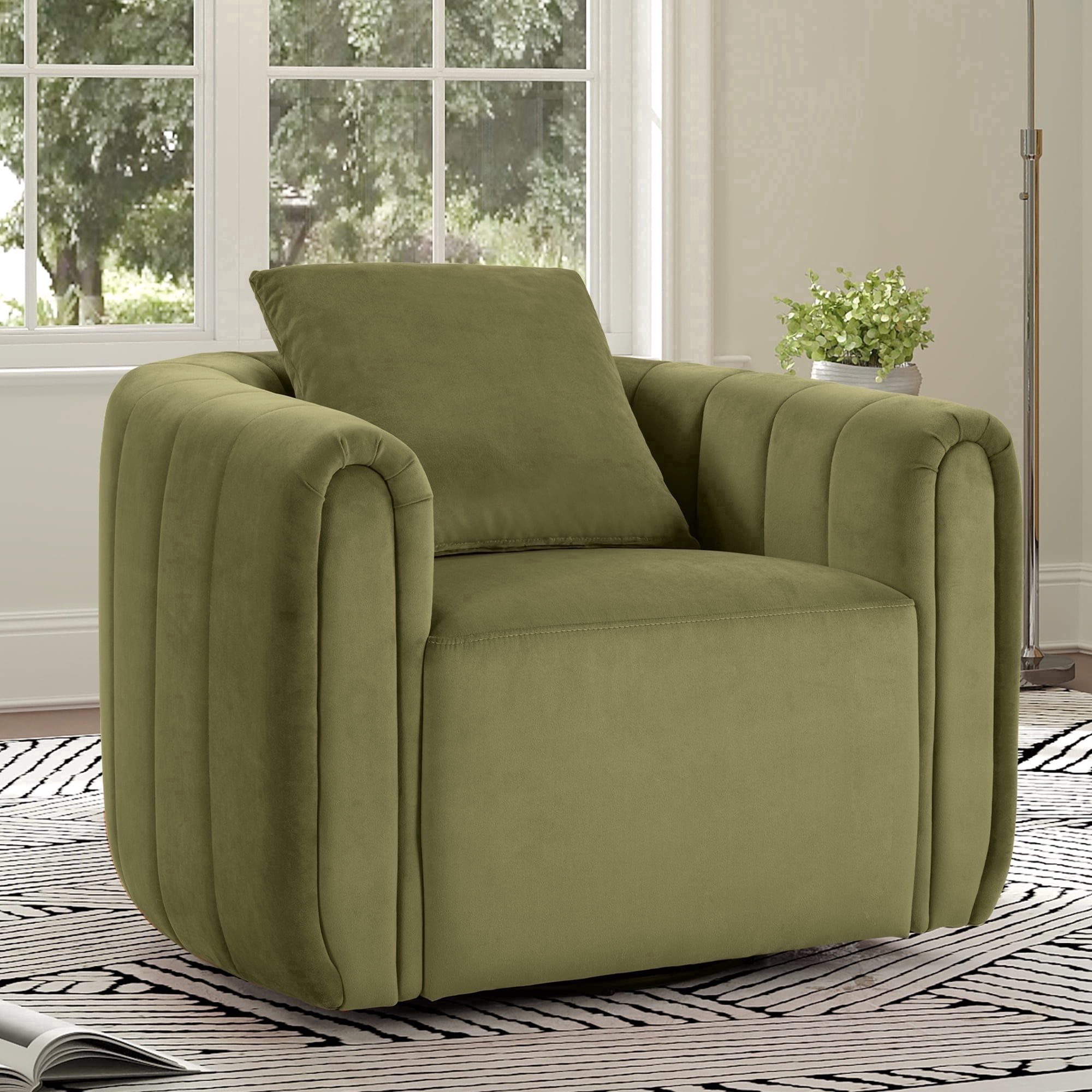 Ebello  Swivel Accent Chair, Modern Velvet Living Room Chair with Pillow, Barrel Chair for Bedroom & Reading Corner (Green，1 Pack，Fully Assembled )