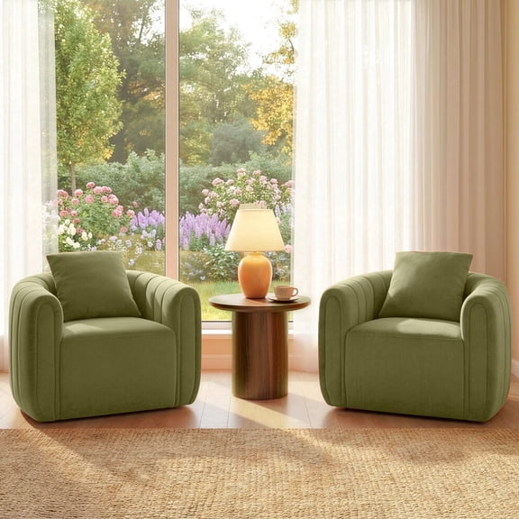 Ebello Swivel Accent Chair, Modern Velvet Living Room Chair with Pillow, Barrel Chair for Bedroom & Reading Corner (Green,2 Pack,Fully Assembled )