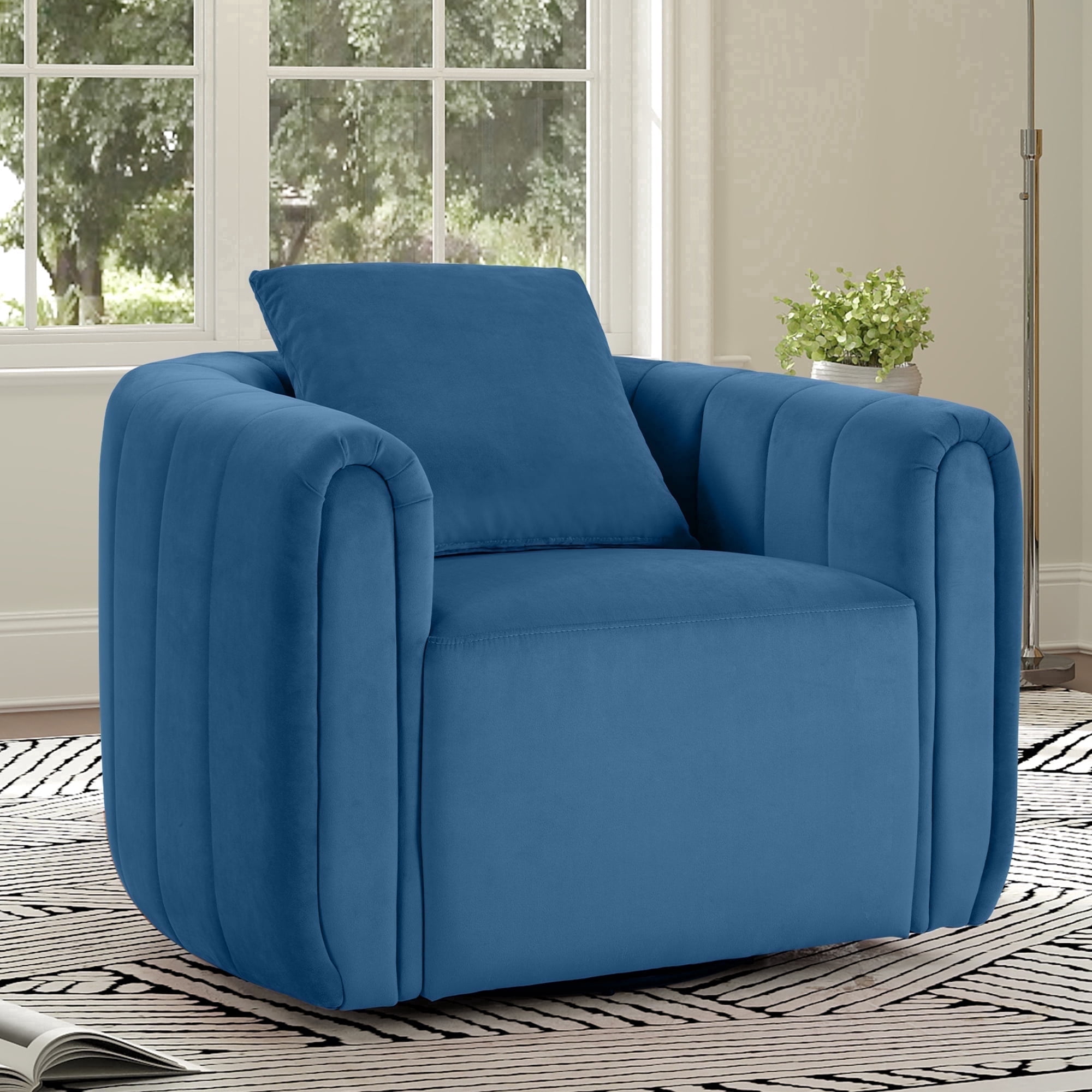 Ebello  Swivel Accent Chair, Modern Velvet Living Room Chair with Pillow, Barrel Chair for Bedroom & Reading Corner (Blue，1 Pack，Fully Assembled )