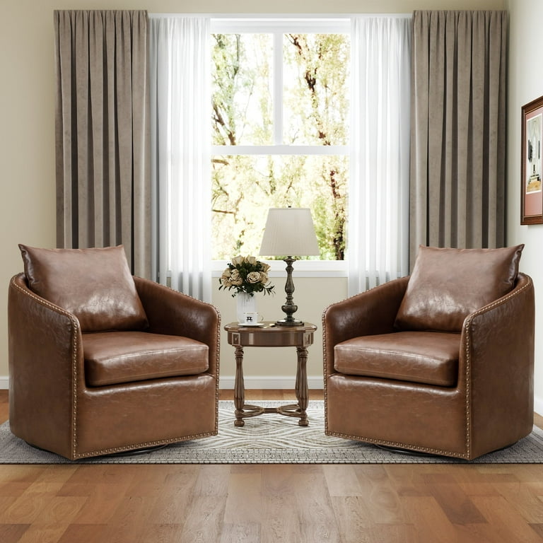 Bonzy Home Swivel Accent Chair Set of Two with Throw Pillow Mid Century Faux Leather Modern Armchair for Living Room and Bedroom