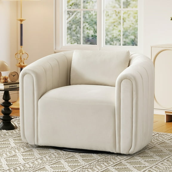 Bonzy Home Swivel Chair with Plump Pillow, Modern Velvet Accent Chair for Living Room Bedroom, Comfy Round Armchair, Beige
