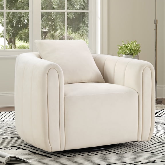 Bonzy Home Swivel Accent Chair, Modern Velvet Living Room Chair with Pillow, Barrel Chair for Bedroom & Reading Corner (Beige,1 Pack，Fully Assembled )