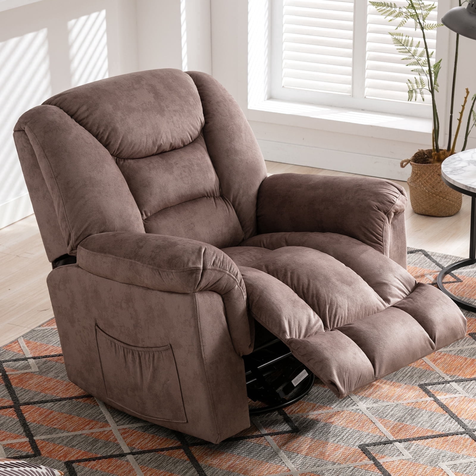 Bonzy Home Manual Swivel Rocker Recliner Chair, Fabric Upholstered Reclining Sofa Chair for Living Room, Brown