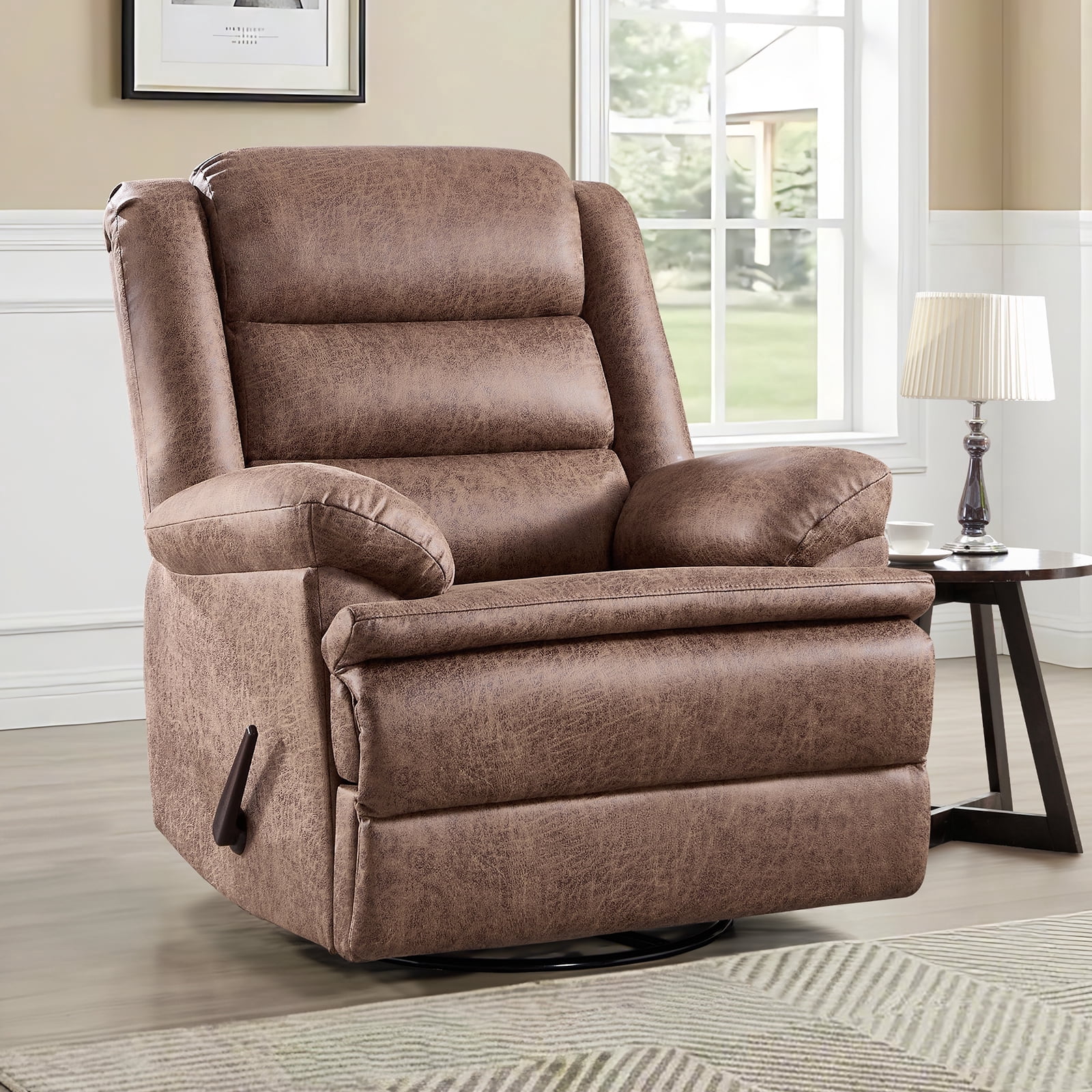Bonzy Home Swivel Rocker Recliner, Manual Recliner Chair, Breathable Faux Leather Reclining Chairs with Overstuffed Arm and Back, Living Room Single Sofa Recliner, Light Brown