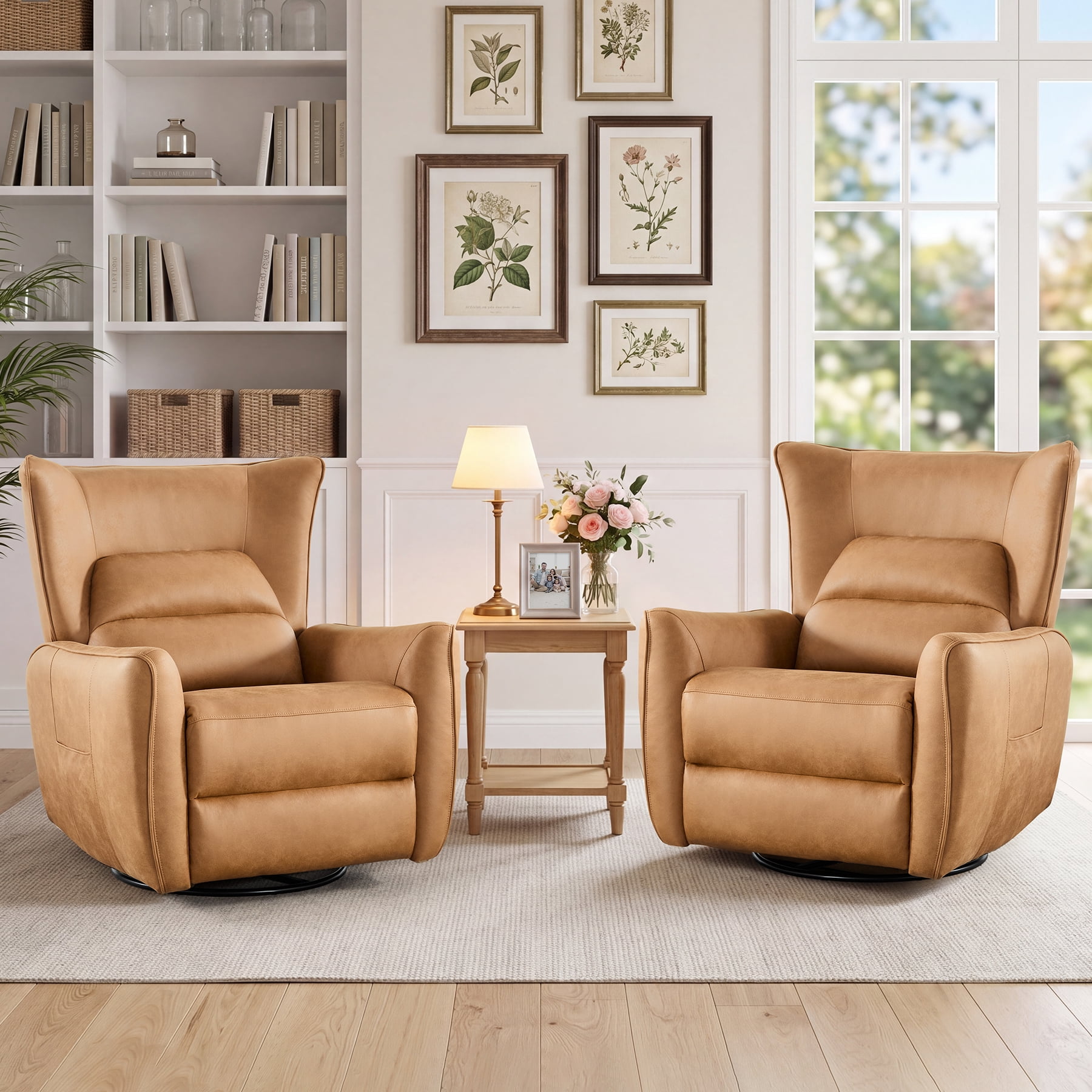 Bonzy Home Swivel Rocker Recliner Set of 2, Power Electric Recliners with Highly Enveloping Backrest Rocking Recliner Chair Leathaire Reclining Sofa for Living Room, Camel