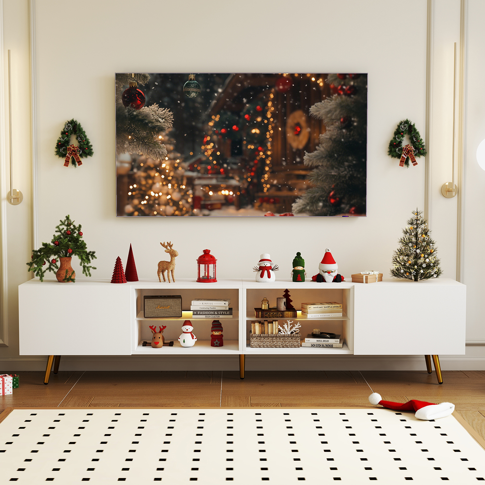 Bonzy Home 86" TV Stand, Television Console Table for 85" TV, Modern Entertainment Center with Storage Cabinets for Living Room, White