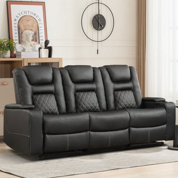Bonzy Home Theater Recliner Chair Sofa, PU Leather 3 seat Power Recliner Sofa with Cup Holders, Hidden Arm Storage, USB Ports