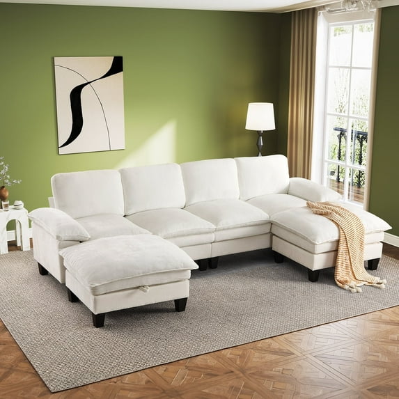 Bonzy Home U Shaped Convertible Sectional Sofa Couch 122 inch Length for Living Room With Storage Ottoman Elegant White