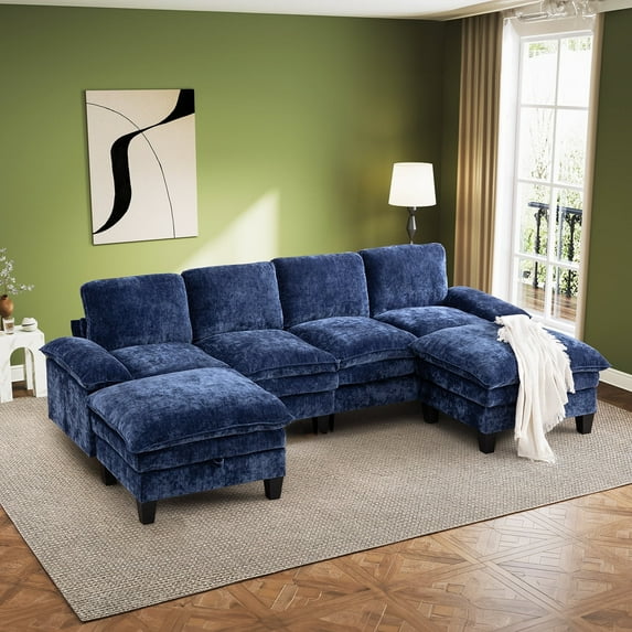 Bonzy Home U Shaped Convertible Sectional Sofa Couch for Living Room With Storage Ottoman Royal Blue