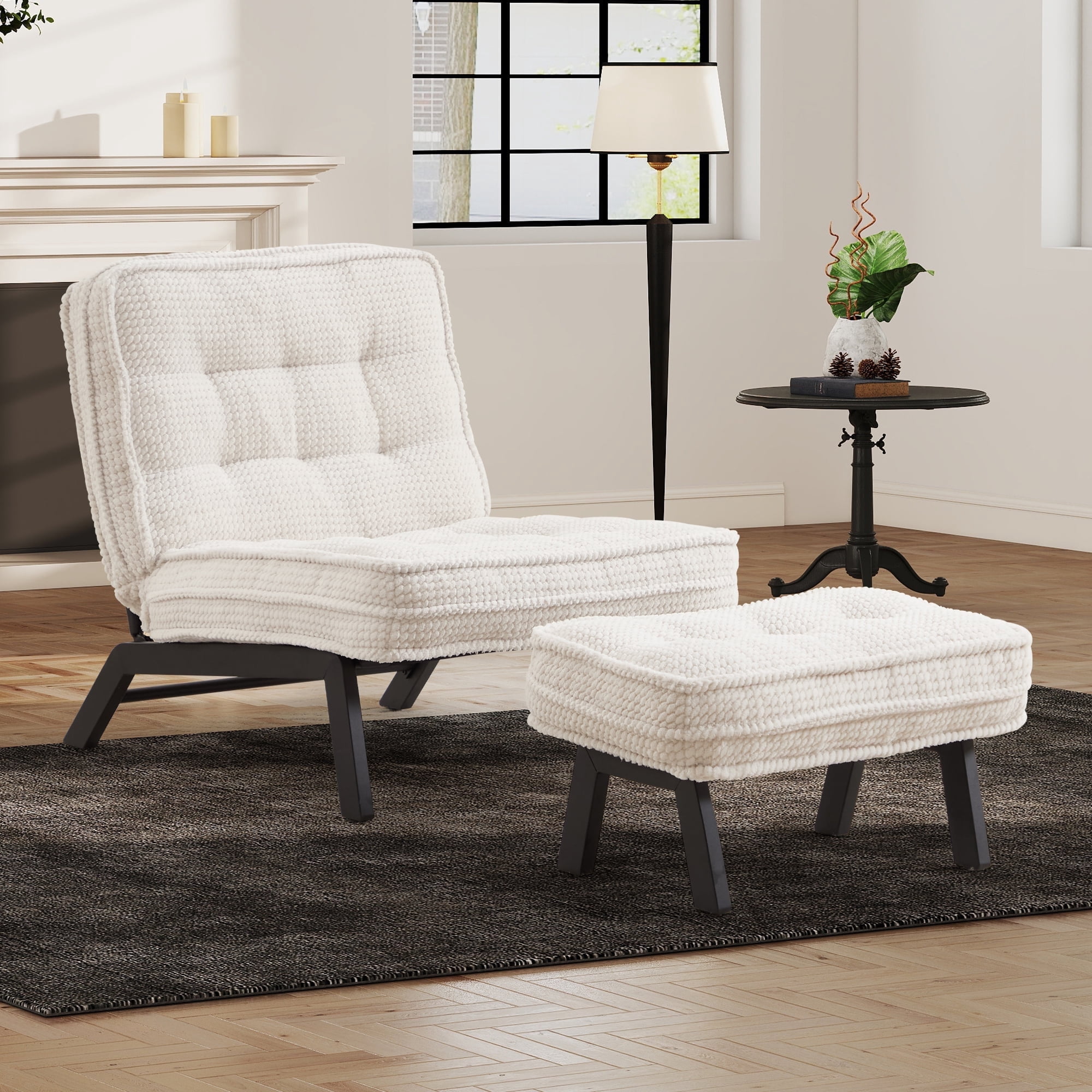Bonzy Home Upholstered Accent Chair with Ottoman, Armless Lounge Chair for Bedroom and Living Room, Comfortable Padded Seat with Wood Legs, Modern Indoor Slipper Chair