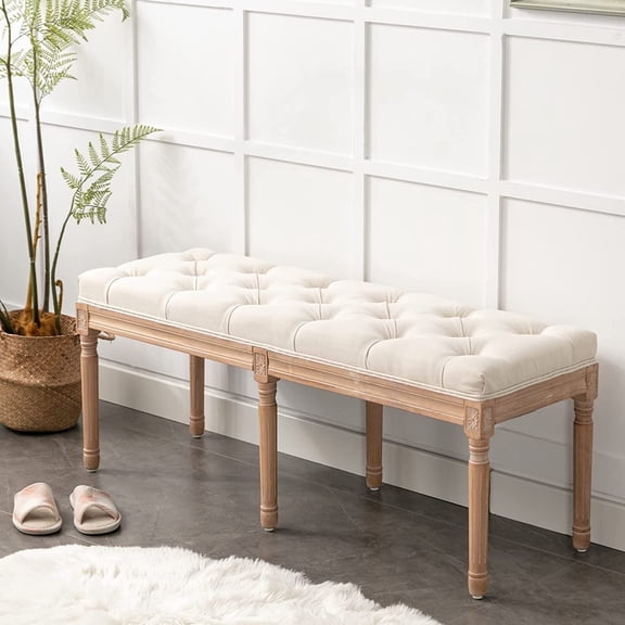 Bonzy Home Upholstered Tufted Bench, 47” French Vintage Wood Bench for Entryway, Dining, Bedroom, Living Room, Hallway, Beige
