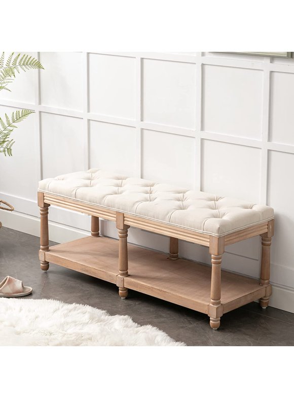 Bonzy Home Upholstered Tufted Storage Bench, 47”French Vintage Entryway Bench & Dining Bench, Fabric End of Bed Bench for Bedroom Living Room Hallway, Beige