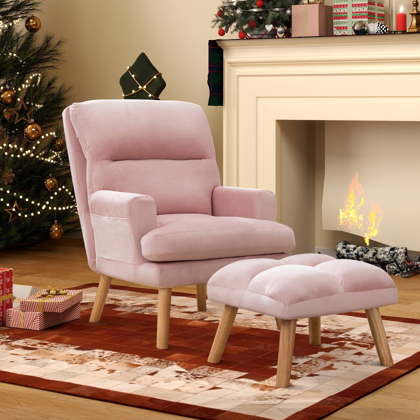 Pink Velvet Barrel Accent Chair with Ottoman
