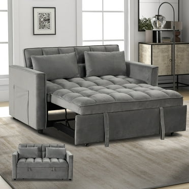 Bonzy home Modern Convertible Sofa Bed with Pull Out Bed, Velvet Convertible Sofa Bed with Adjustable Backrest, Folding Pillows and Side Pockets, Upholstered Sofa Chair for Living Room Office, Gray
