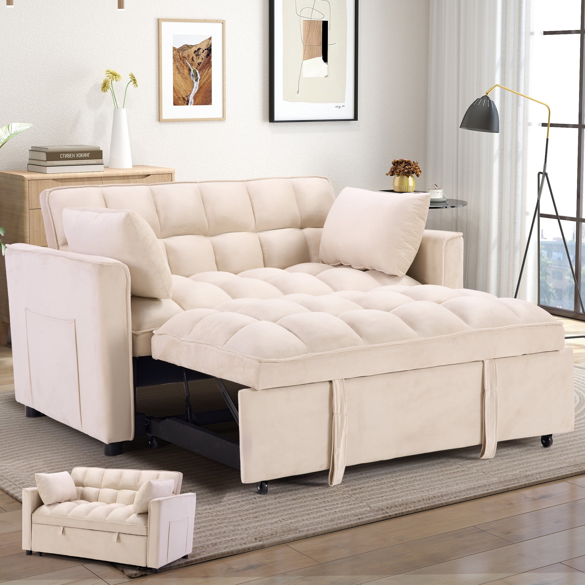 Bonzy home Modern Convertible Sofa Bed with Pull Out Bed, Velvet Convertible Sofa Bed with Adjustable Backrest, Folding Pillows and Side Pockets, Upholstered Sofa Chair for Living Room Office, Beige