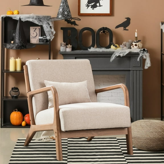 BonzyHome Mid Century Modern Accent Chair, Single Fabric Lounge Reading Armchair with Solid Wood Frame, Easy Assembly Arm Chairs for Living Room,BEIGE