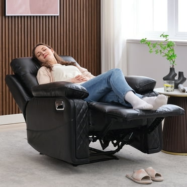 BonzyHome Recliners Single Recliner Chairs for Adults, Reclining Chair Manual Sofas for Living Room Overstuffed Home Theater Seating PU Leather Reclining Furniture, Black