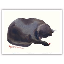 Boo And Bug - Hawaiian Black Cat (ʻeleʻele Popoki) with Lady Bug - From an Original Hawaii Watercolor Painting by Peggy Chun - Master Art Print (Unframed) 9in x 12in
