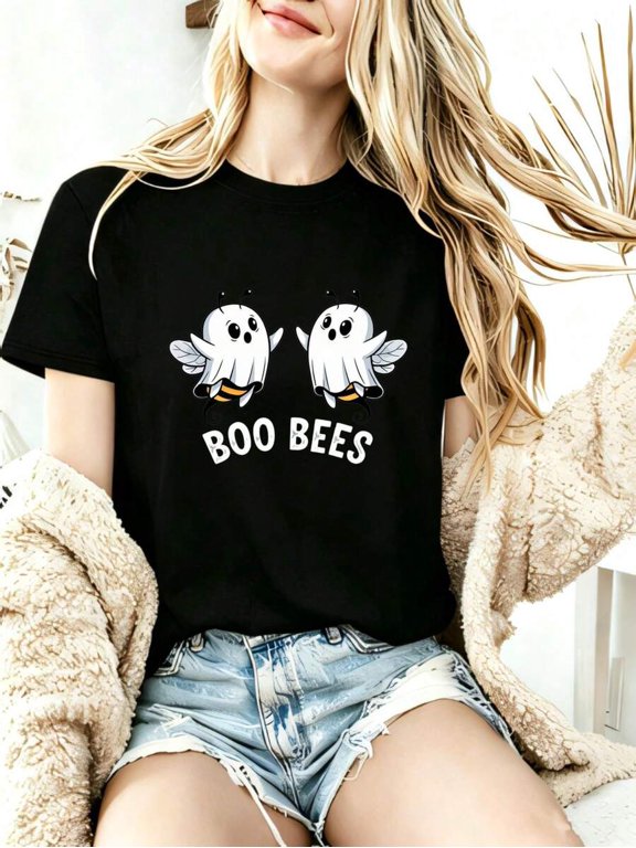 Boo Bees Ghost Bee, Round Neck Women's T‑Shirt, Halloween Party Festival, Daily Wear