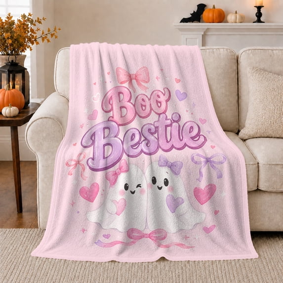 Boo Bestie Halloween Ghost Friendship Design Kawaii Pastel, Festive Halloween Scene, Warm Flannel Blanket for Living Room and Reading Nook, Art Lovers Halloween Gift, Festive Home Decor