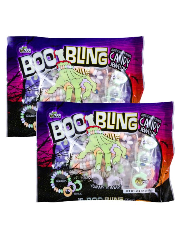 Boo Bling Candy Jewelry 16 Cts Wearable Bracelet Rings Trick or Treats Stocking Stuffer Gifts Candy Bowl Goodies Bag Filler Party Favor Binge-Snacking Dessert Bars Individually Wrapped Pack of 2