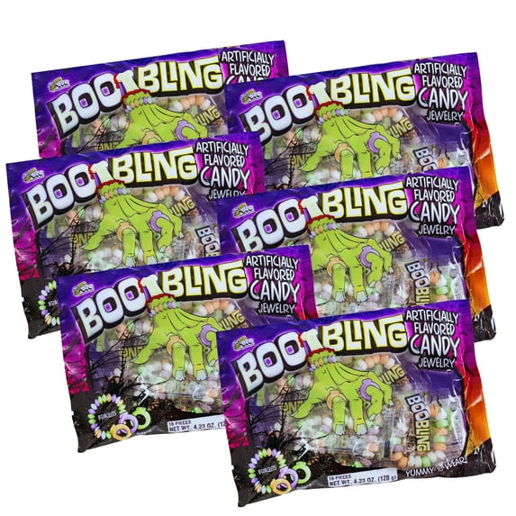 Boo Bling Candy Jewels - Halloween Edible Bracelet Ring Jewelry Candies, 4.23oz (Pack of 6) Individually Wrapped Wearable Trick or Treat Goodies Bag Filler Easter Party Favors & CUSTOM Storage Carrier