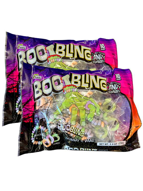 Boo Bling Halloween Candy Jewelry Bracelet Rings Wearable Trick or Treats Stocking Stuffer Gifts Party Favor Snack 16 Counts Individually Wrapped, 3.9oz - Pack of 2