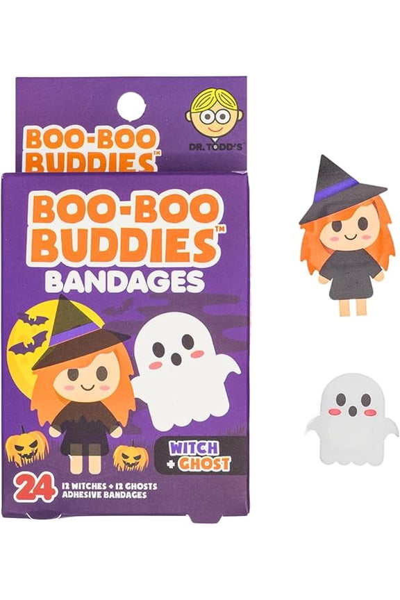 Boo Boo Buddies Kids Adhesive Bandages, Kids Self-Adhesive Sterile Bandages Pack for Toddler Girls & Boys, Adults First Aid, Protect Scrapes and Cuts | 24 Pcs (Witch + Ghost)