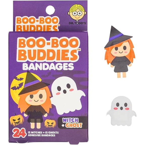 Boo Boo Buddies Kids Adhesive Bandages, Kids Self-Adhesive Sterile Bandages Pack for Toddler Girls & Boys, Adults First Aid, Protect Scrapes and Cuts | 24 Pcs (Witch + Ghost)