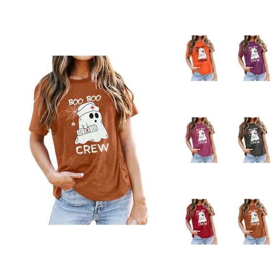 Boo Boo Crew Ghost Nurse Halloween Tshirts Women 2025 Short Sleeve Crewneck Funny Graphic Halloween Shirts for Women