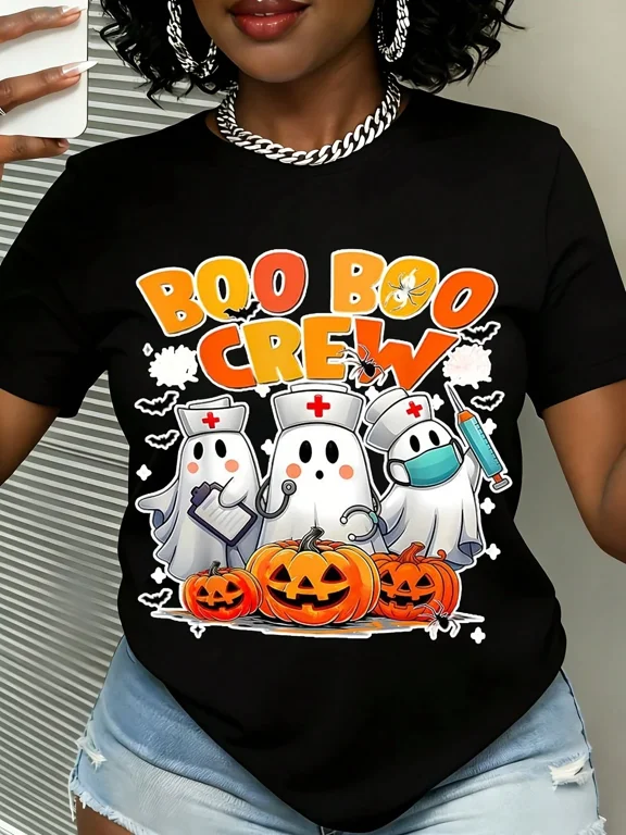 Boo Boo Crew Halloween Ghost Nurse Doctor Pumpkin Graphic Tee Funny Holiday Shirt Suitable For Casual Sports Wear
