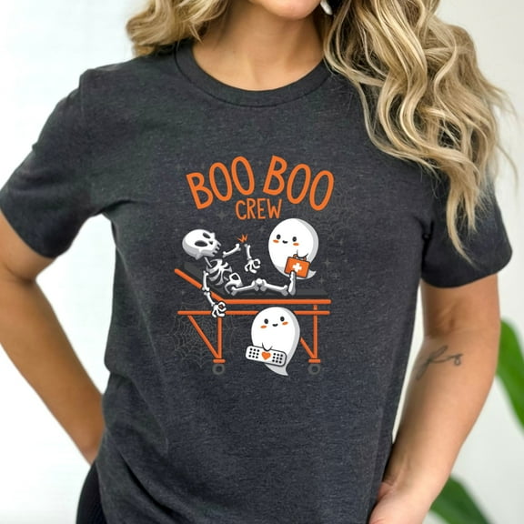 Boo Boo Crew Skeleton Halloween Graphic T-Shirt (2XL, DarkGreyHeather)