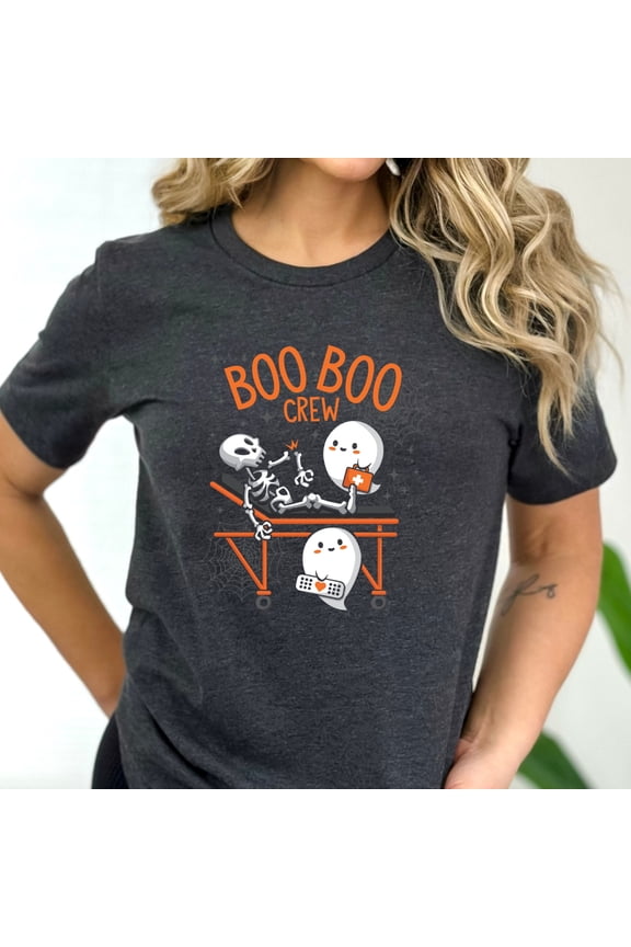 Boo Boo Crew Skeleton Halloween Graphic T-Shirt (L, DarkGreyHeather)
