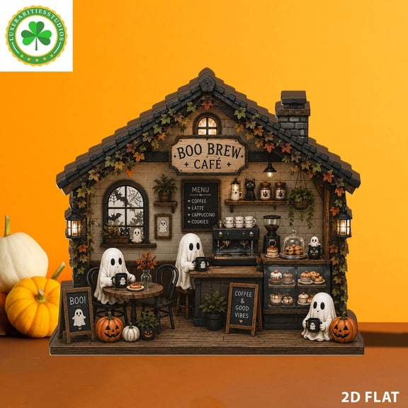 Boo Brew Cafe Halloween Village House, Custom Ghost Decor, Snowy Holiday Display, Spooky Coffee House