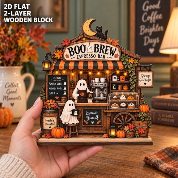 Boo Brew Ghost Cafe Wooden Block for Halloween Coffee Lover Tabletop Decor