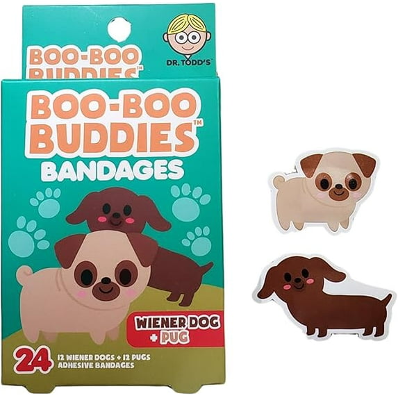 Boo Boo Buddies Kids Adhesive Bandages, Kids Self-Adhesive Sterile Bandages Pack for Toddler Girls & Boys, Adults First Aid, Protect Scrapes and Cuts | 24 Pcs (Wiener Dog + Pug)