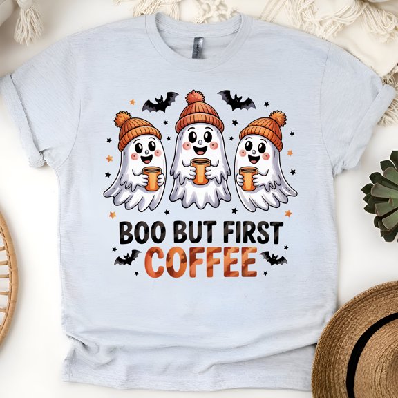 Boo But First Coffee T-Shirt | Cute Ghost Trio Halloween Coffee Lovers Tee, Ash, Size S