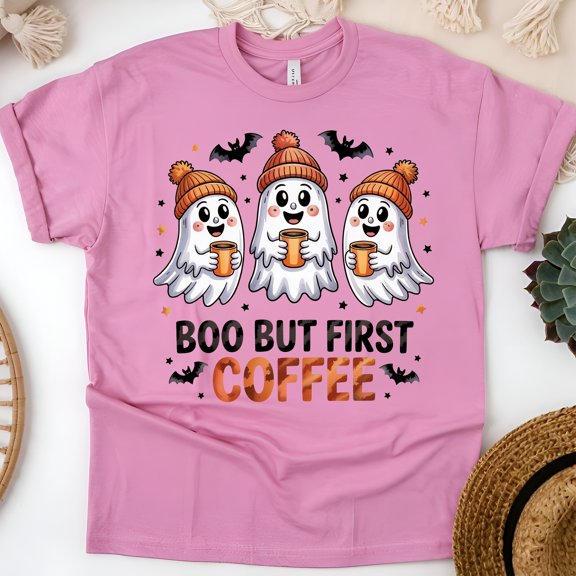 Boo But First Coffee T-Shirt | Cute Ghost Trio Halloween Coffee Lovers Tee, Azalea, Size S