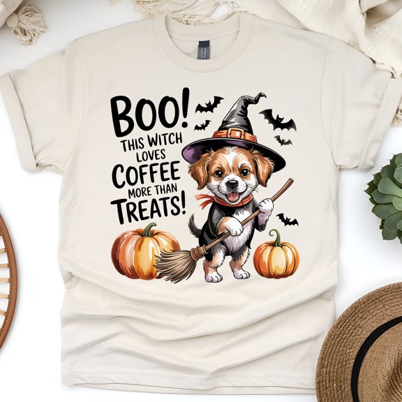 Boo Coffee Witch Dog T-Shirt | Cute Puppy Graphic Tee for Coffee Lovers, Natural, Size S