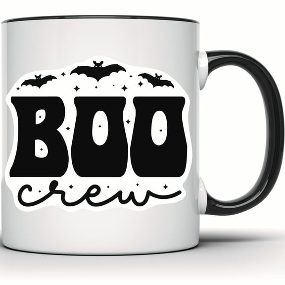 Boo Crew Halloween Mug | Cute Bat Spooky Season Mug | Halloween Party Decoration Gift - 11 Ounce Black Rim Handle Novelty Coffee Cup - WMUG0431-Black Rim