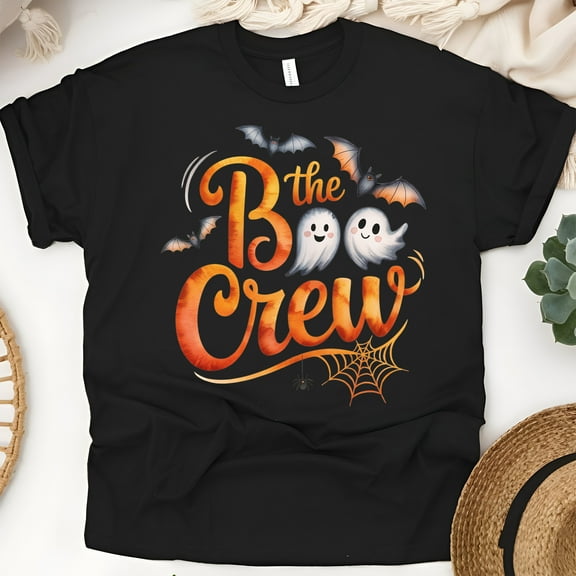 Boo Crew Matching T-Shirt | Adorable Ghost and Bat Halloween Tee for Family, Black, Size S
