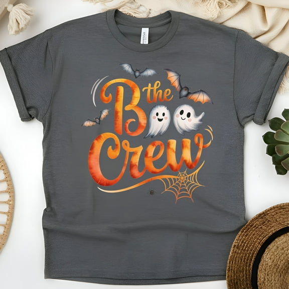Boo Crew Matching T-Shirt | Adorable Ghost and Bat Halloween Tee for Family, Dark Heather, Size S