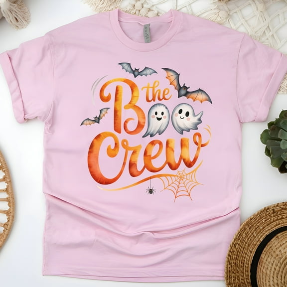 Boo Crew Matching T-Shirt | Adorable Ghost and Bat Halloween Tee for Family, Light Pink, Size S