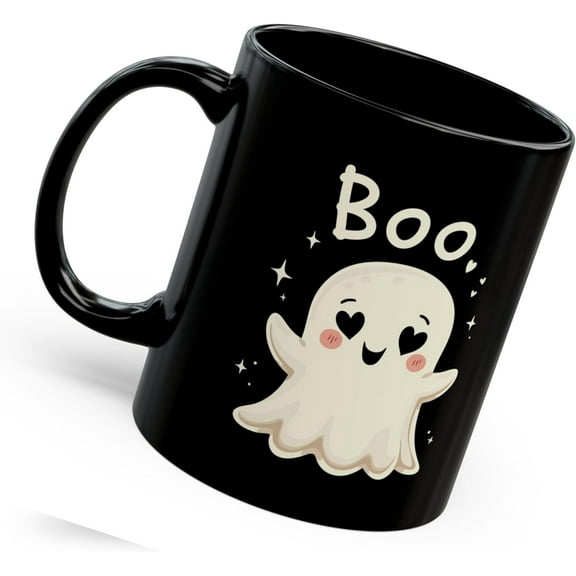 Boo! Cute Ghost Coffee Mug - Halloween-Themed 11oz Black Ceramic Mug | Spooky Ghost with Heart Eyes Design | Perfect Halloween Decor & Gift for Coffee Lovers